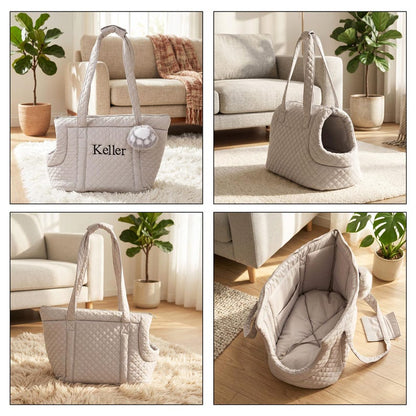 Personalized Embroidered Pet Carrier Tote Bag, Custom Name Quilted Dog Travel Handbag