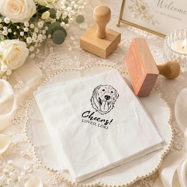 Custom Pet Portrait Rubber Stamp, Personalized Wedding Napkin Stamp With Custom Text