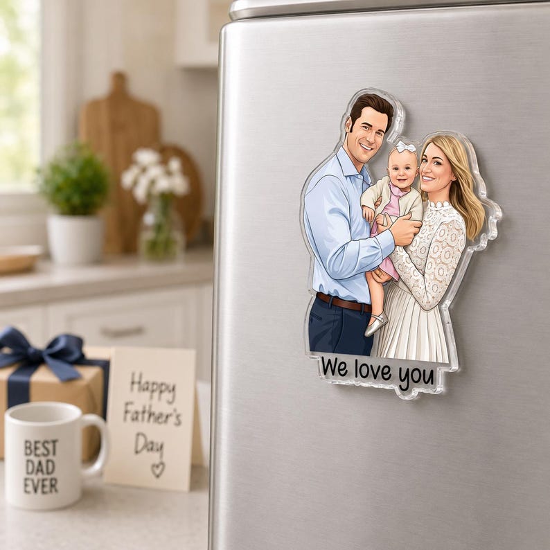Custom Family Photo Fridge Magnet, Personalized Cartoon Portrait Magnet