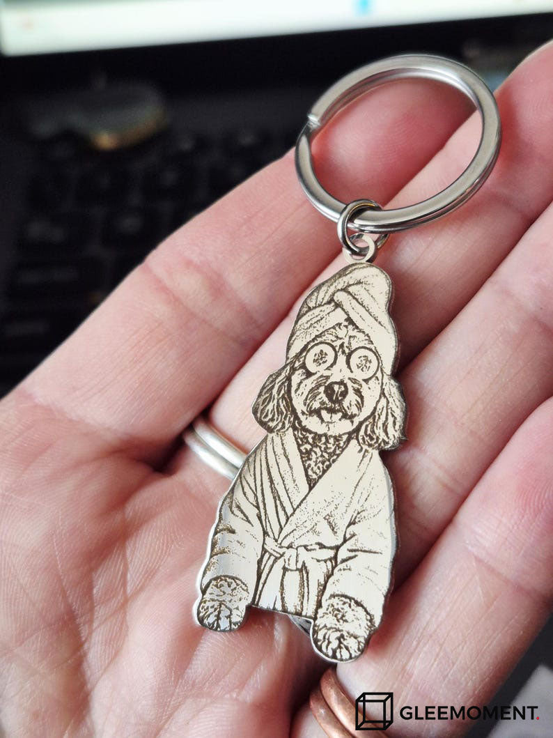 Custom Engraved Pet Photo Keychain | Personalized Dog Portrait Keyring