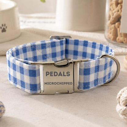 Personalized Gingham Dog Collar & Leash Set With Engraved ID Buckle