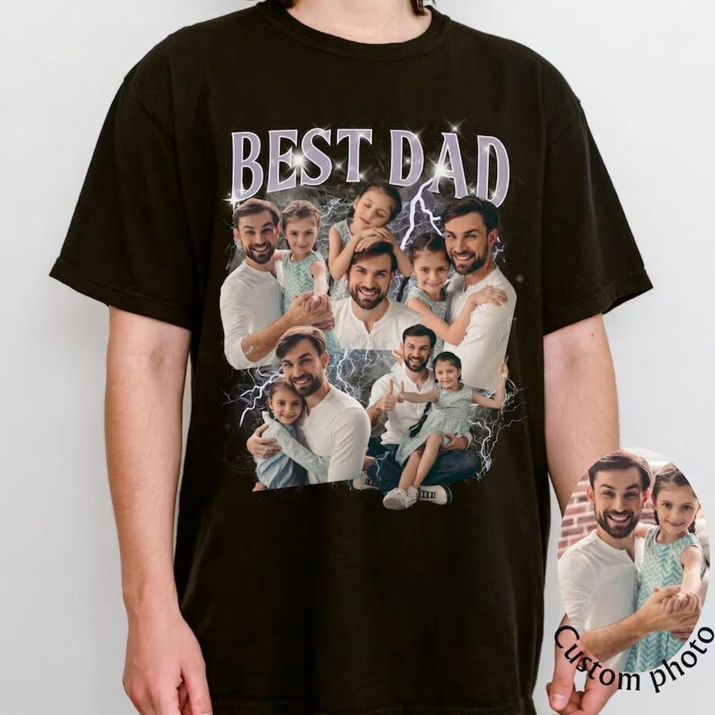 Custom Photo Best Dad Ever T-Shirt - Personalized Vintage Lightning Tee for Father's Day