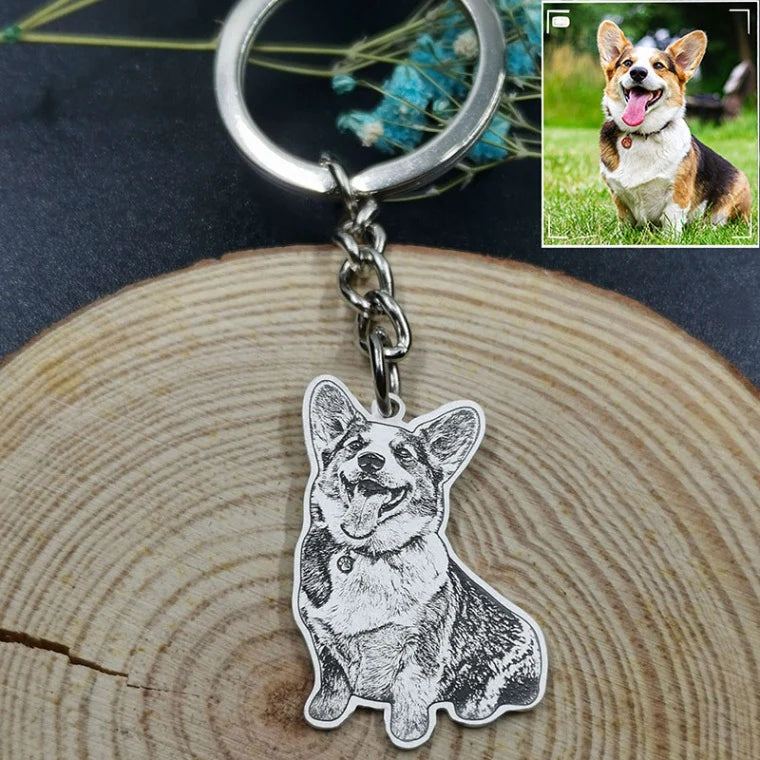 Custom Engraved Pet Photo Keychain | Personalized Dog Portrait Keyring