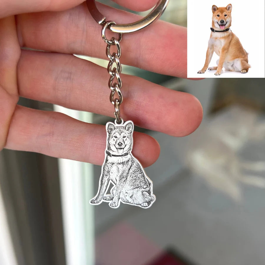 Custom Engraved Pet Photo Keychain | Personalized Dog Portrait Keyring