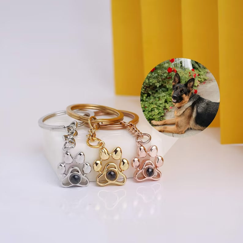 Custom Pet Photo Projection Paw Keychain, Personalized Dog Cat Picture Projection Keyring