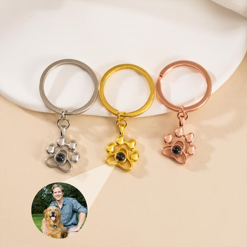 Custom Pet Photo Projection Paw Keychain, Personalized Dog Cat Picture Projection Keyring