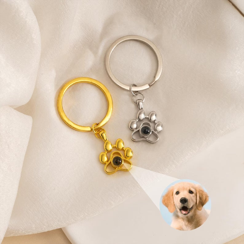 Custom Pet Photo Projection Paw Keychain, Personalized Dog Cat Picture Projection Keyring