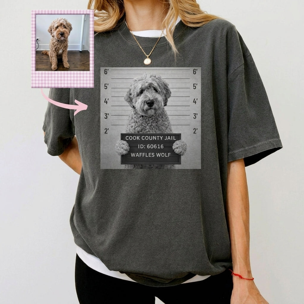 Custom Pet Mugshot Tee – Funny Personalized Dog Cat Jail Portrait T-Shirt