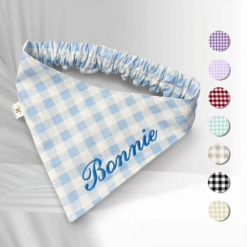 No-Tie Gingham Dog Bandana, Custom Embroidered Name & Dog Portrait