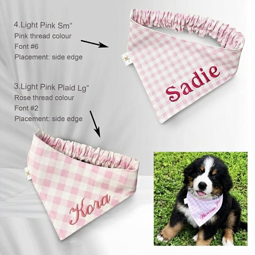No-Tie Gingham Dog Bandana, Custom Embroidered Name & Dog Portrait