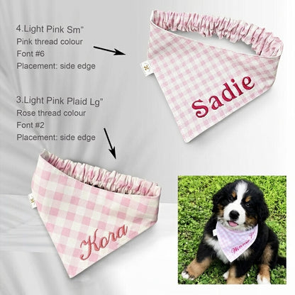 No-Tie Gingham Dog Bandana, Custom Embroidered Name & Dog Portrait