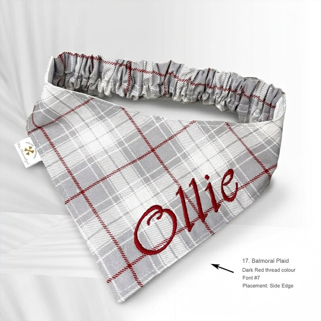 No-Tie Gingham Dog Bandana, Custom Embroidered Name & Dog Portrait