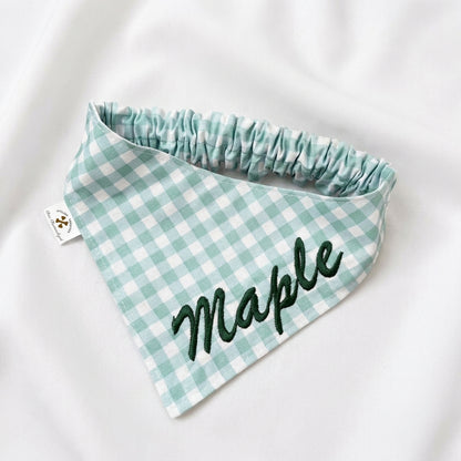 No-Tie Gingham Dog Bandana, Custom Embroidered Name & Dog Portrait