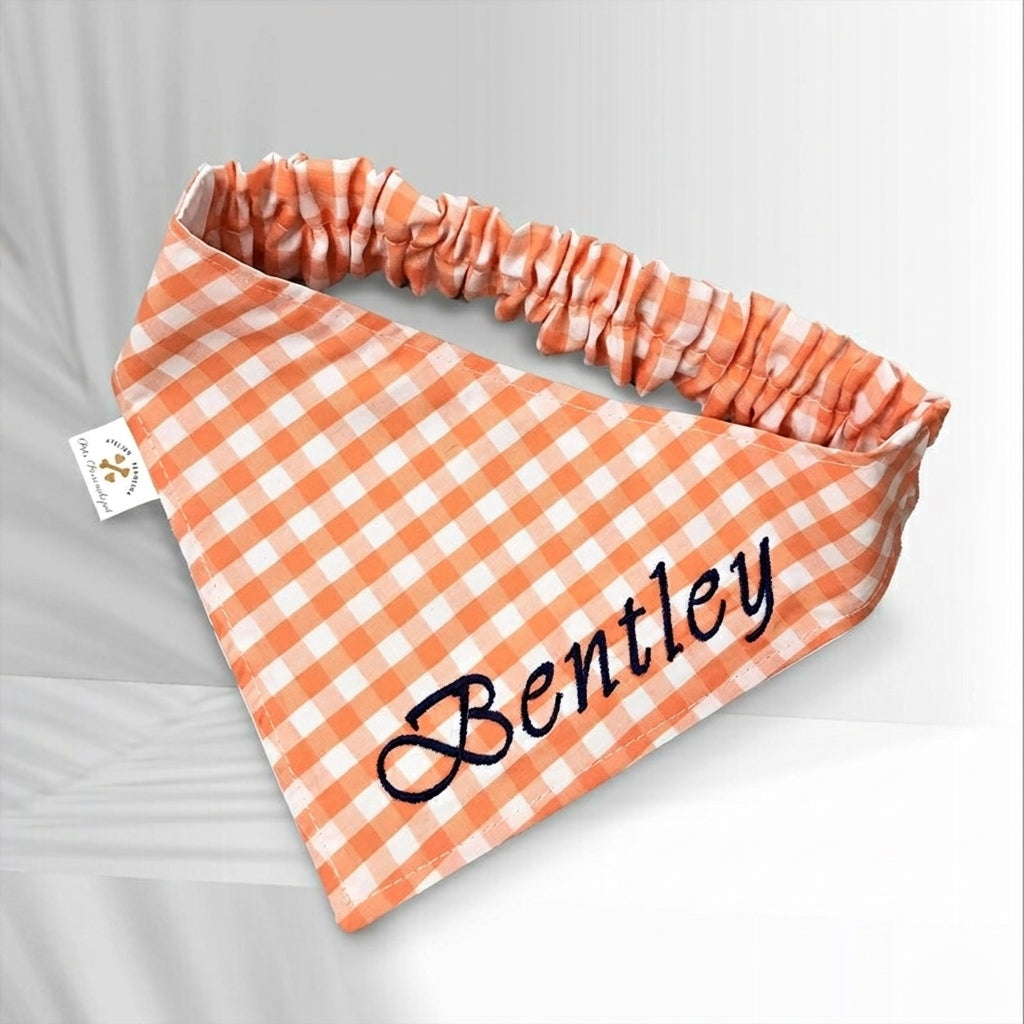 No-Tie Gingham Dog Bandana, Custom Embroidered Name & Dog Portrait