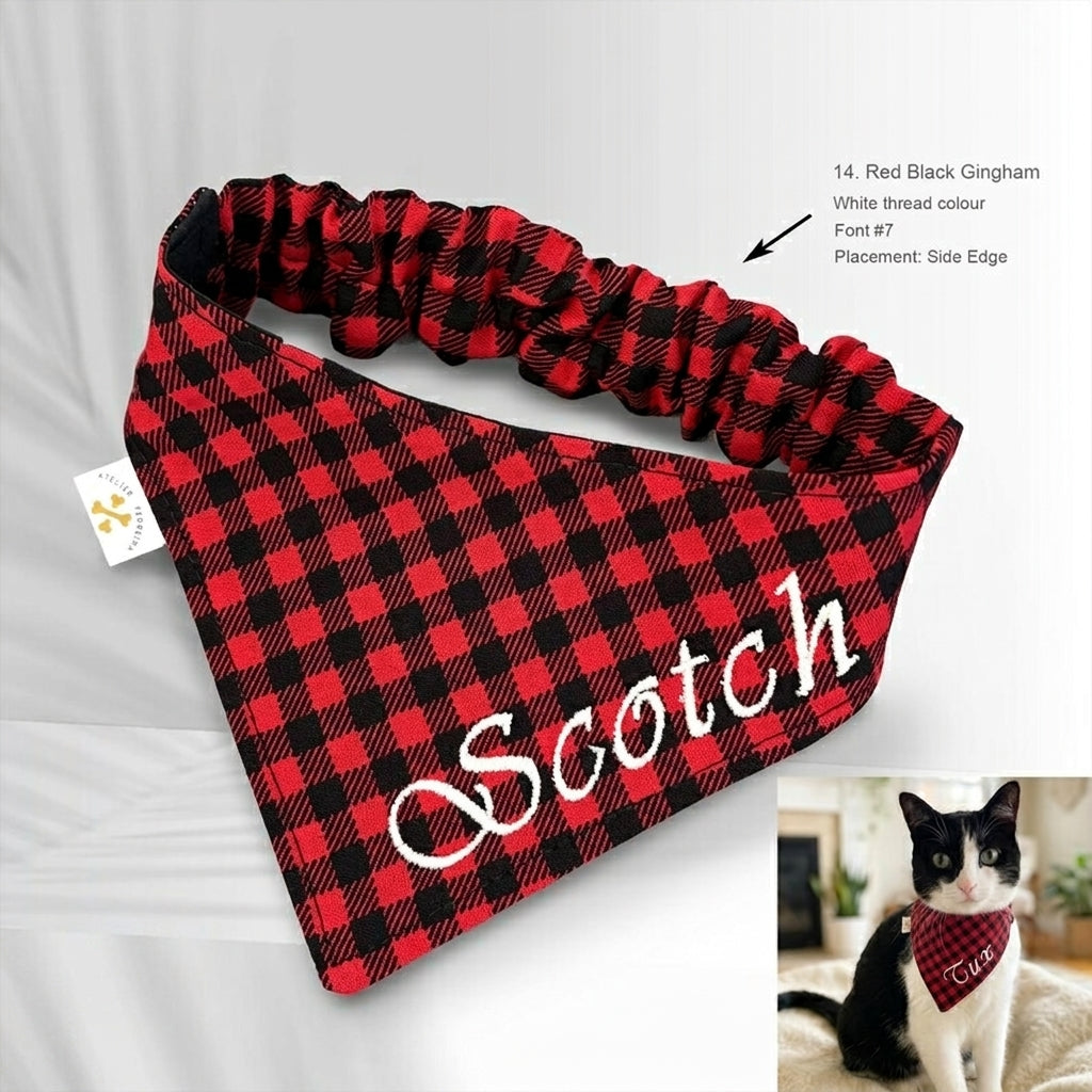 No-Tie Gingham Dog Bandana, Custom Embroidered Name & Dog Portrait