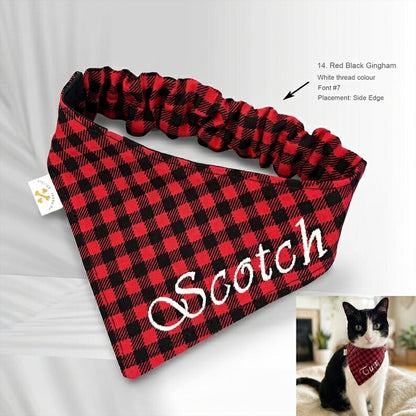 No-Tie Gingham Dog Bandana, Custom Embroidered Name & Dog Portrait