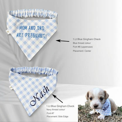 No-Tie Gingham Dog Bandana, Custom Embroidered Name & Dog Portrait