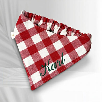 No-Tie Gingham Dog Bandana, Custom Embroidered Name & Dog Portrait