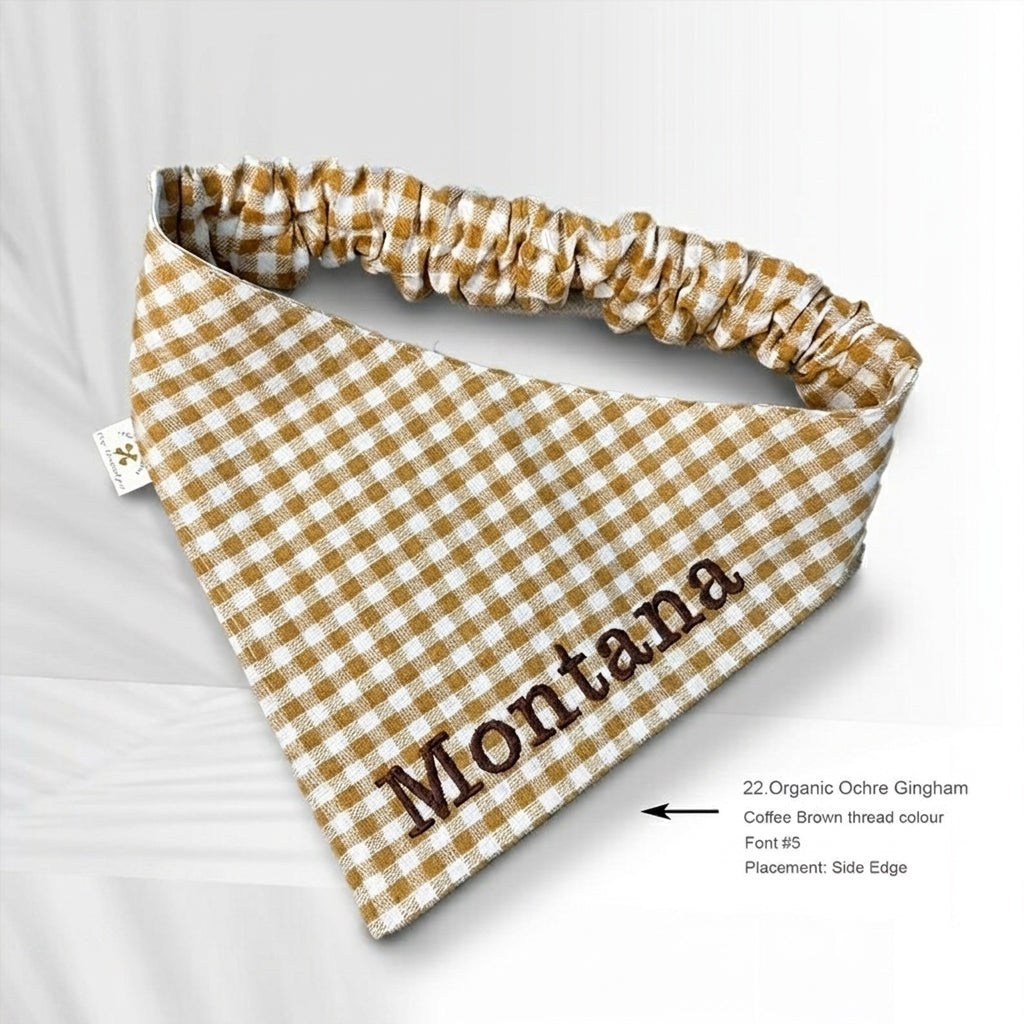 No-Tie Gingham Dog Bandana, Custom Embroidered Name & Dog Portrait
