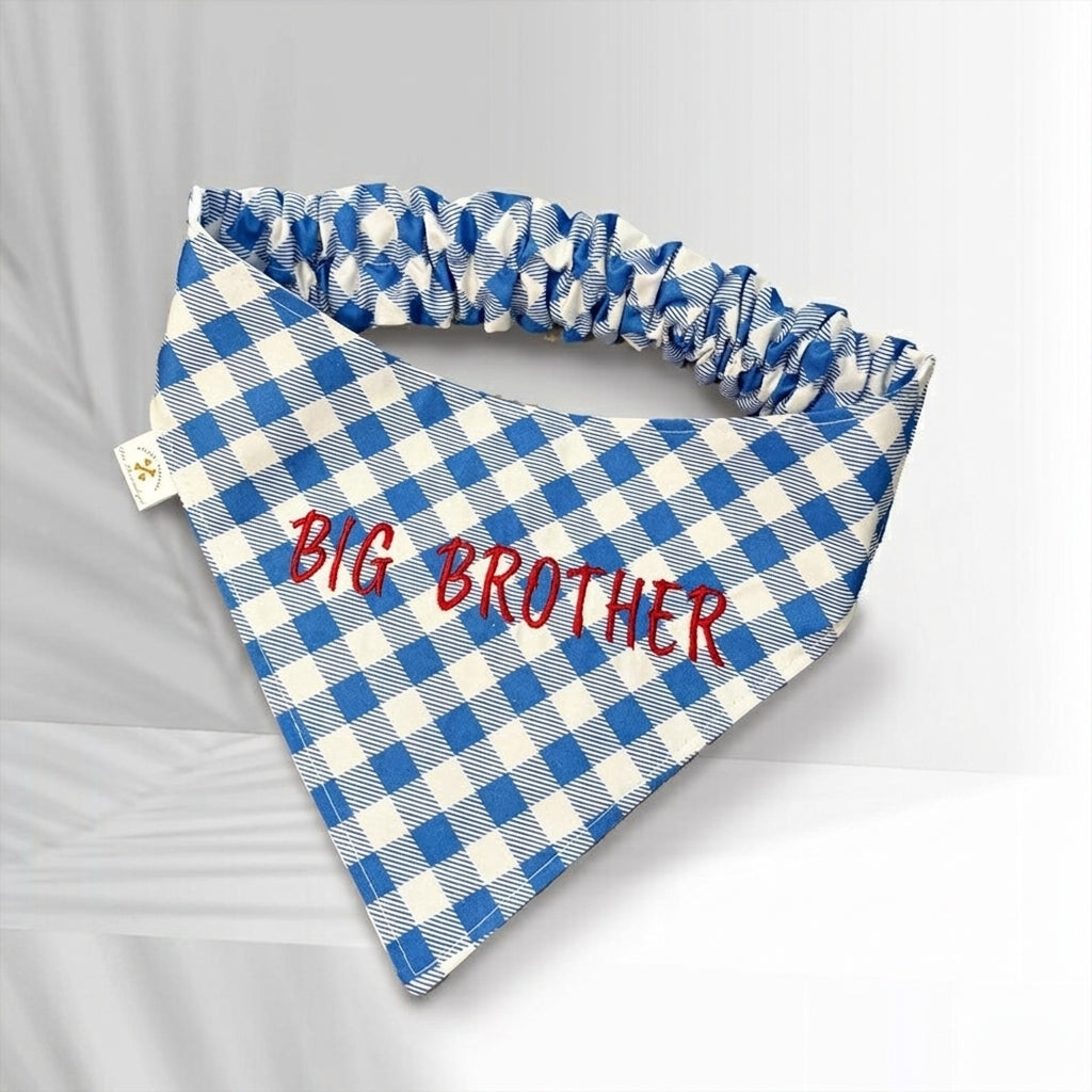 No-Tie Gingham Dog Bandana, Custom Embroidered Name & Dog Portrait