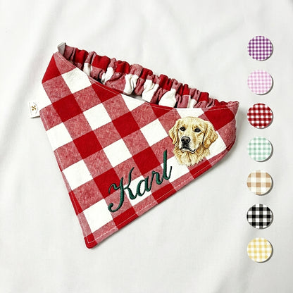 No-Tie Gingham Dog Bandana, Custom Embroidered Name & Dog Portrait