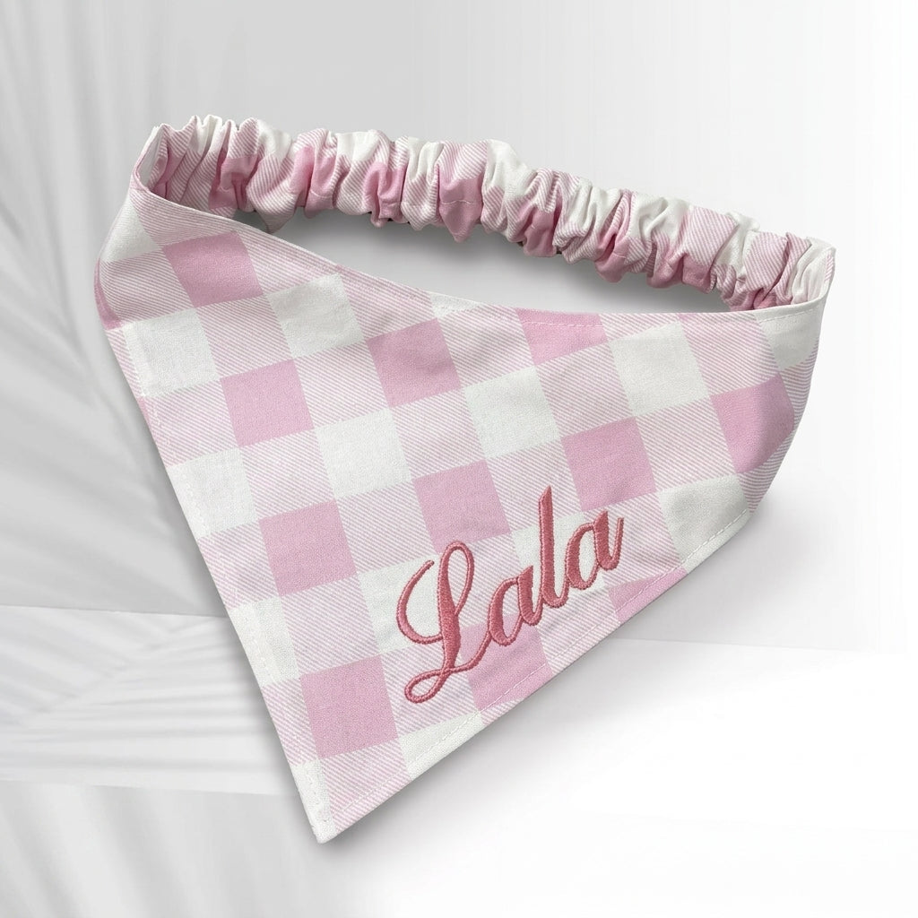 No-Tie Gingham Dog Bandana, Custom Embroidered Name & Dog Portrait