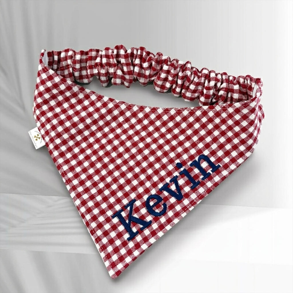 No-Tie Gingham Dog Bandana, Custom Embroidered Name & Dog Portrait