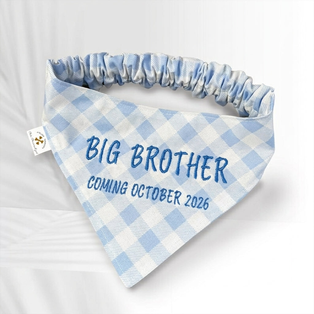 No-Tie Gingham Dog Bandana, Custom Embroidered Name & Dog Portrait