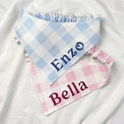 No-Tie Gingham Dog Bandana, Custom Embroidered Name & Dog Portrait