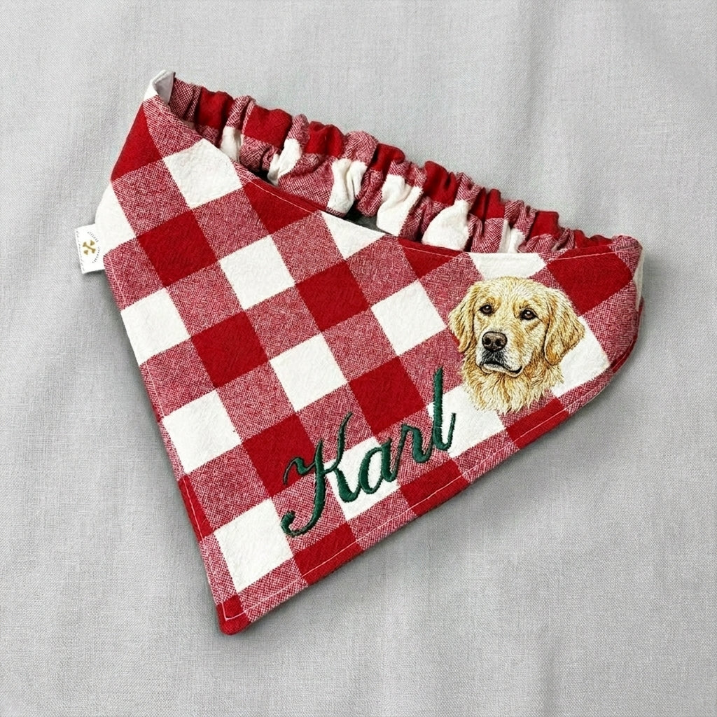 No-Tie Gingham Dog Bandana, Custom Embroidered Name & Dog Portrait
