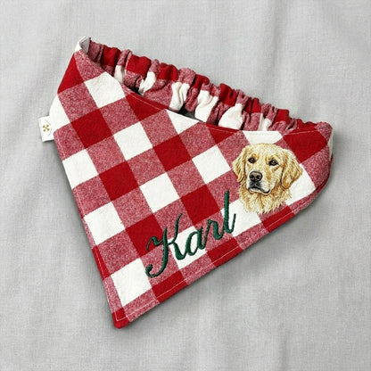 No-Tie Gingham Dog Bandana, Custom Embroidered Name & Dog Portrait