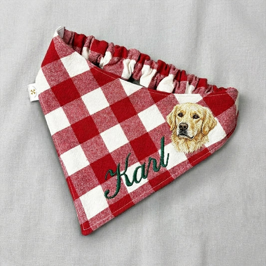 No-Tie Gingham Dog Bandana, Custom Embroidered Name & Dog Portrait