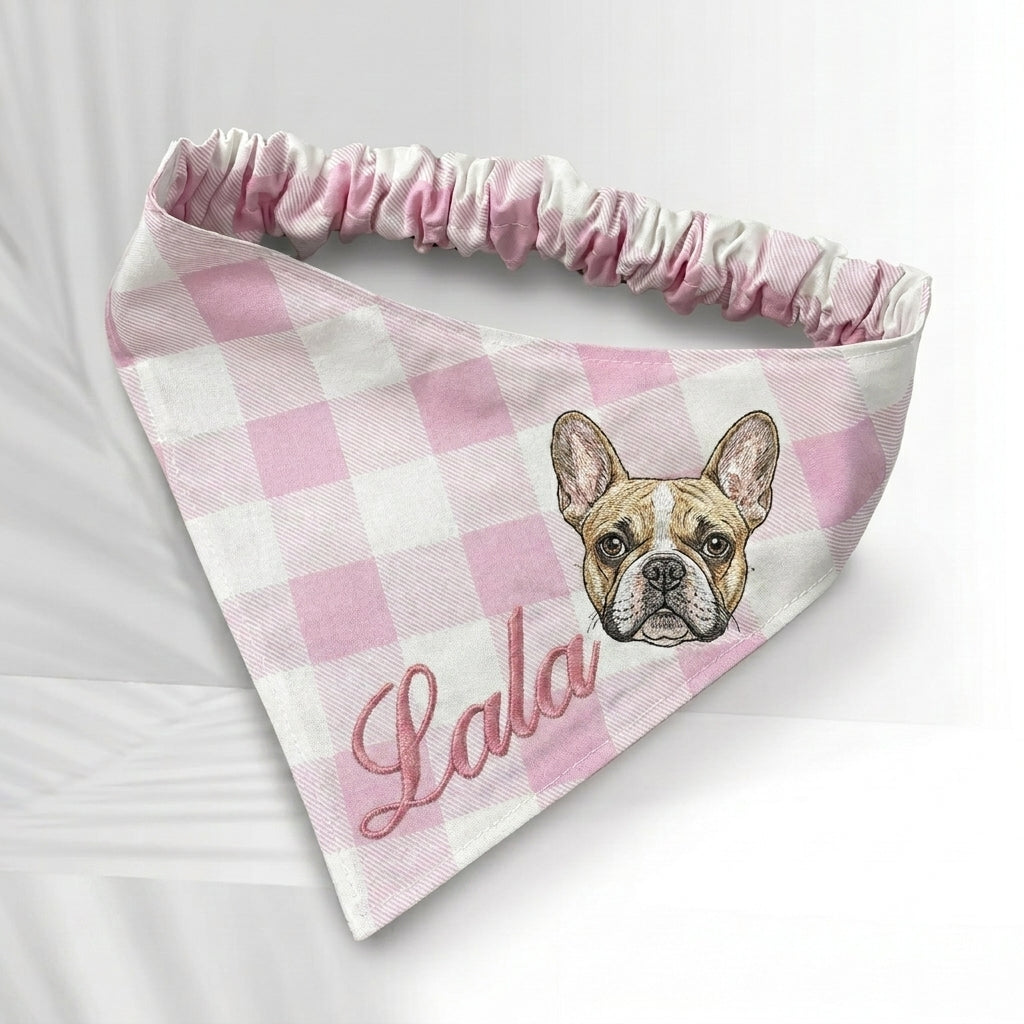 No-Tie Gingham Dog Bandana, Custom Embroidered Name & Dog Portrait