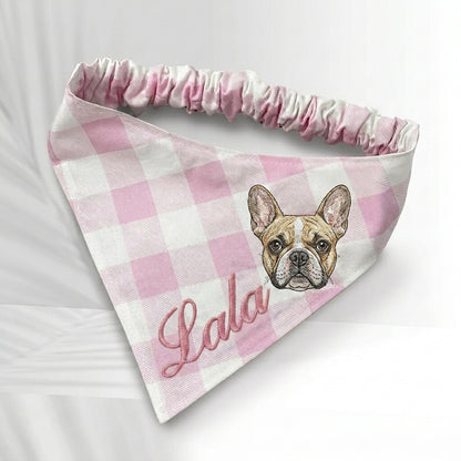 No-Tie Gingham Dog Bandana, Custom Embroidered Name & Dog Portrait