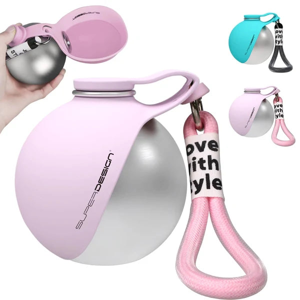 2-in-1 Leak-Proof Dog Water Bottle | 10oz Stainless Steel Ball-Shaped Travel Cup with Bowl