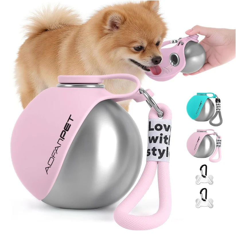 2-in-1 Leak-Proof Dog Water Bottle | 10oz Stainless Steel Ball-Shaped Travel Cup with Bowl