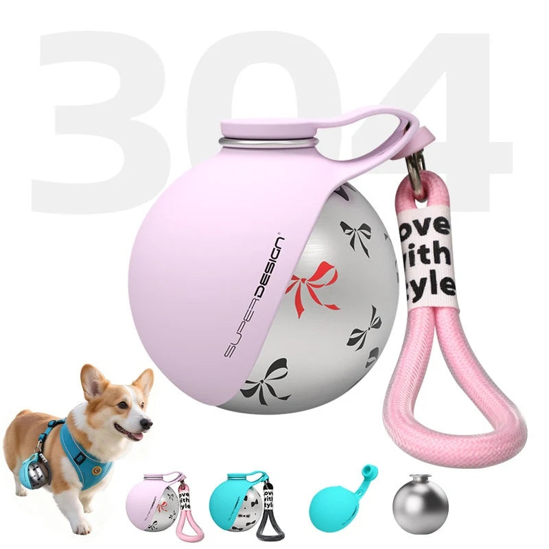 2-in-1 Leak-Proof Dog Water Bottle | 10oz Stainless Steel Ball-Shaped Travel Cup with Bowl
