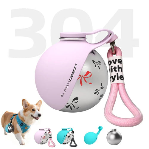 2-in-1 Leak-Proof Dog Water Bottle | 10oz Stainless Steel Ball-Shaped Travel Cup with Bowl