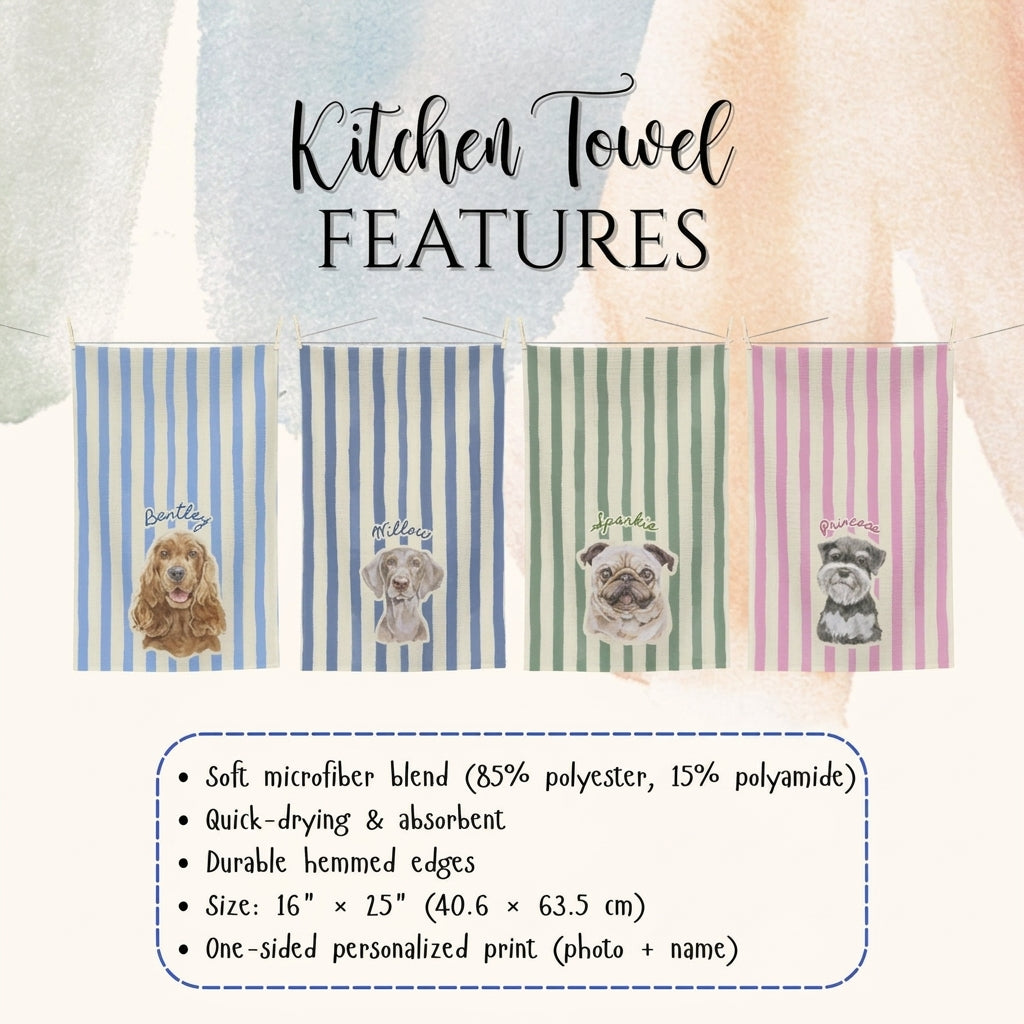 Custom Name Pet Portrait Striped Kitchen Towel