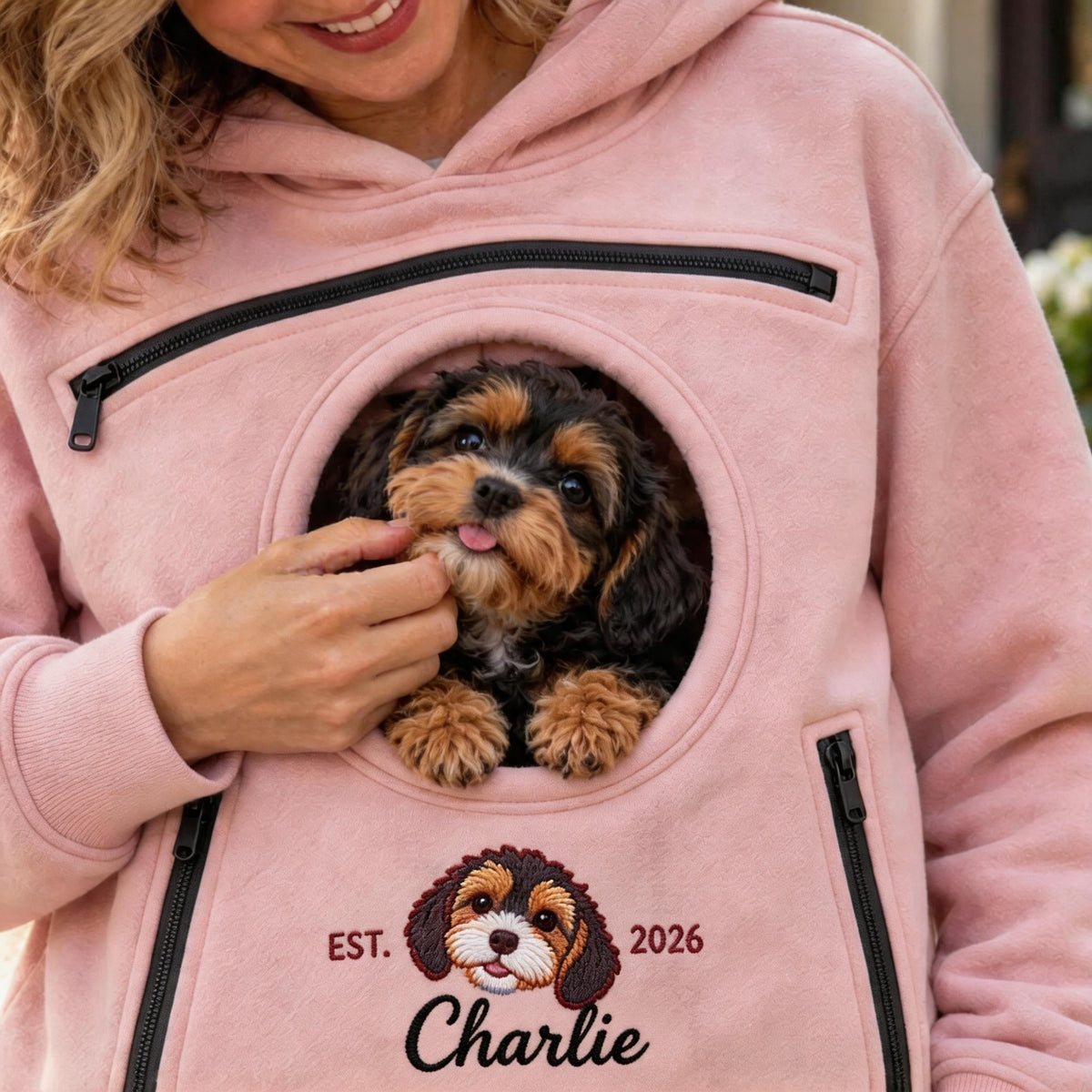 Personalized Embroidered Portrait Pet Carrier Hoodie for Pet Mom Gift