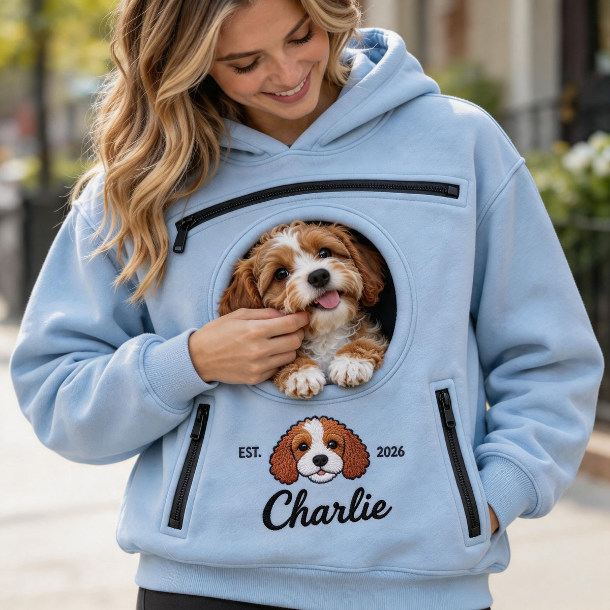 Personalized Embroidered Portrait Pet Carrier Hoodie for Pet Mom Gift