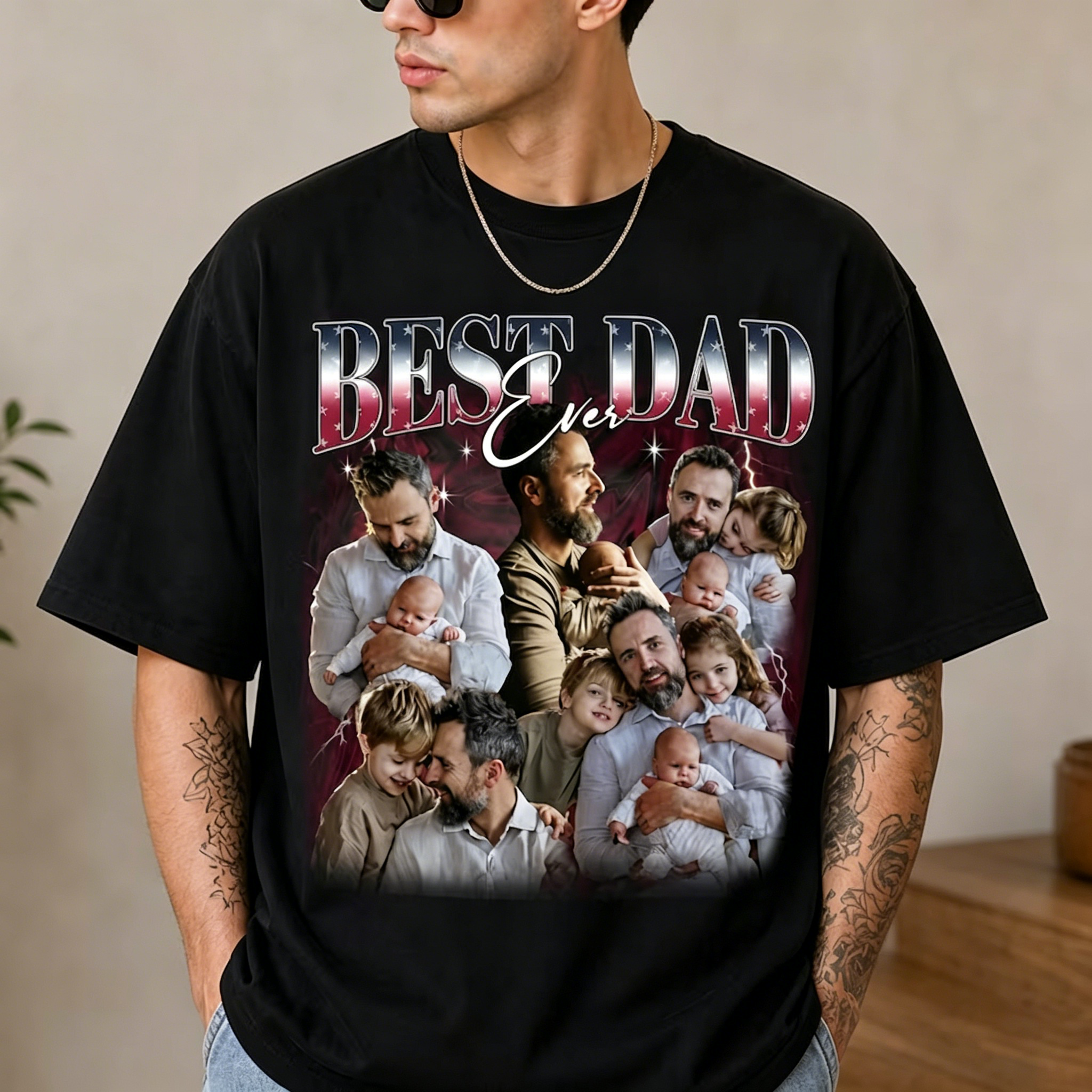 Custom Photo Best Dad Ever T-Shirt - Personalized Vintage Lightning Tee for Father's Day