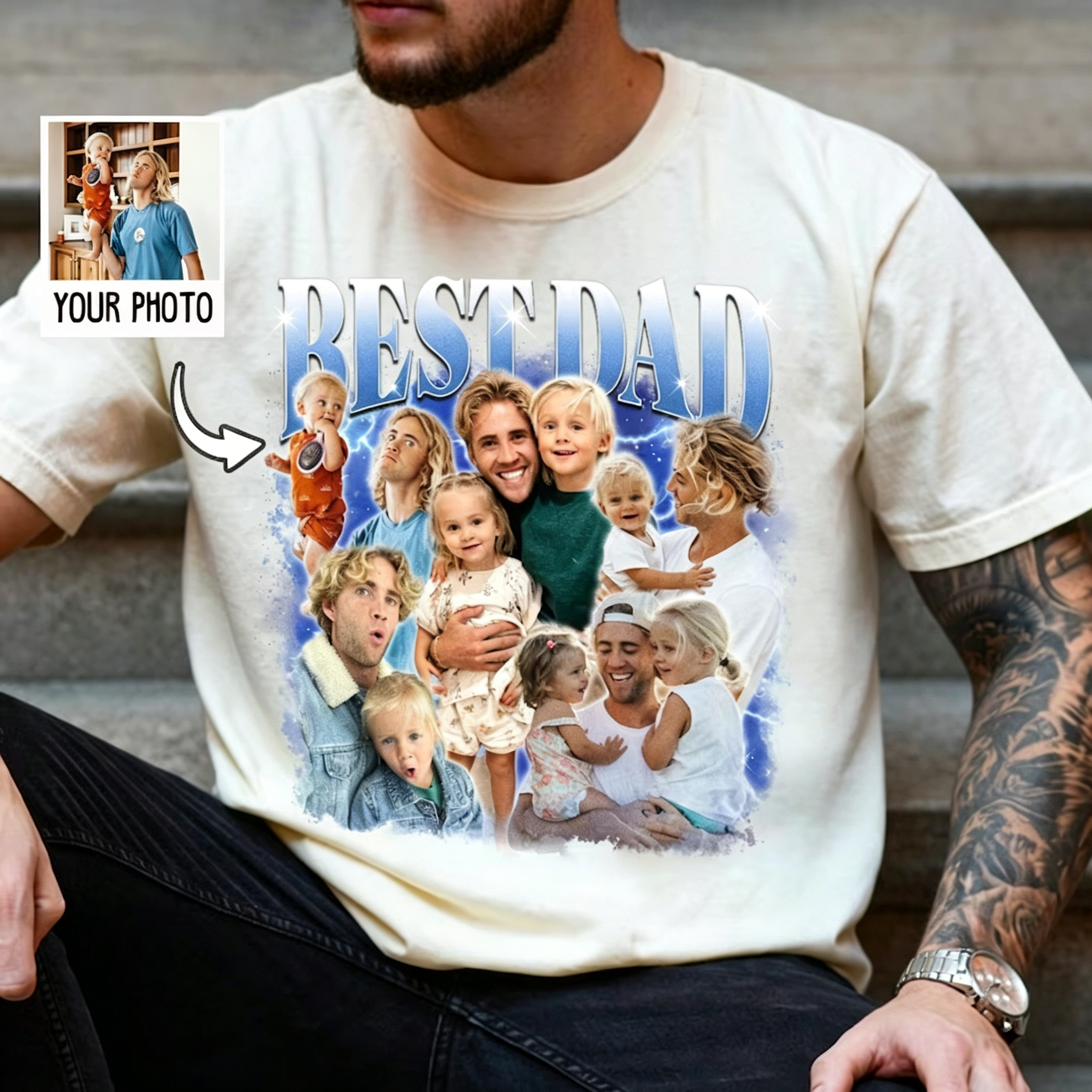 Custom Photo Best Dad Ever T-Shirt - Personalized Vintage Lightning Tee for Father's Day
