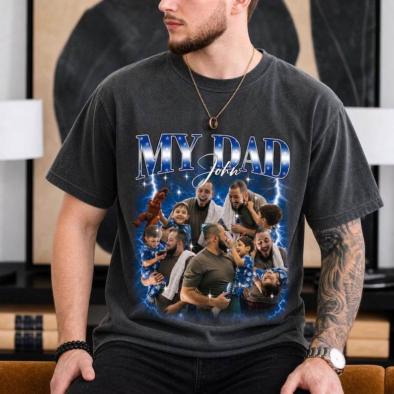 Custom Photo Best Dad Ever T-Shirt - Personalized Vintage Lightning Tee for Father's Day