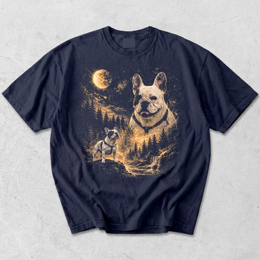 Custom Pet Portrait T-Shirt | Personalized Dog/Cat Photo Night Forest Moon Art Tee