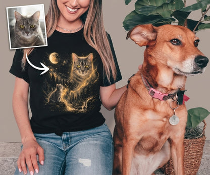Custom Pet Portrait T-Shirt | Personalized Dog/Cat Photo Night Forest Moon Art Tee