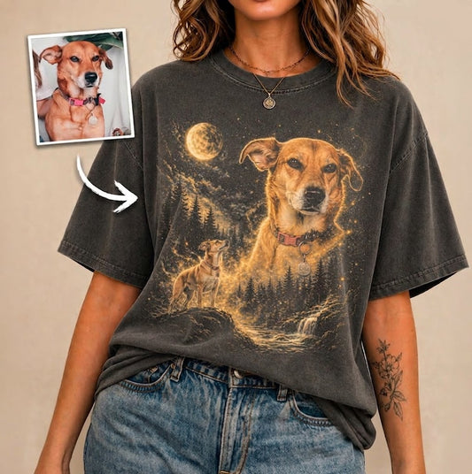 Custom Pet Portrait T-Shirt | Personalized Dog/Cat Photo Night Forest Moon Art Tee