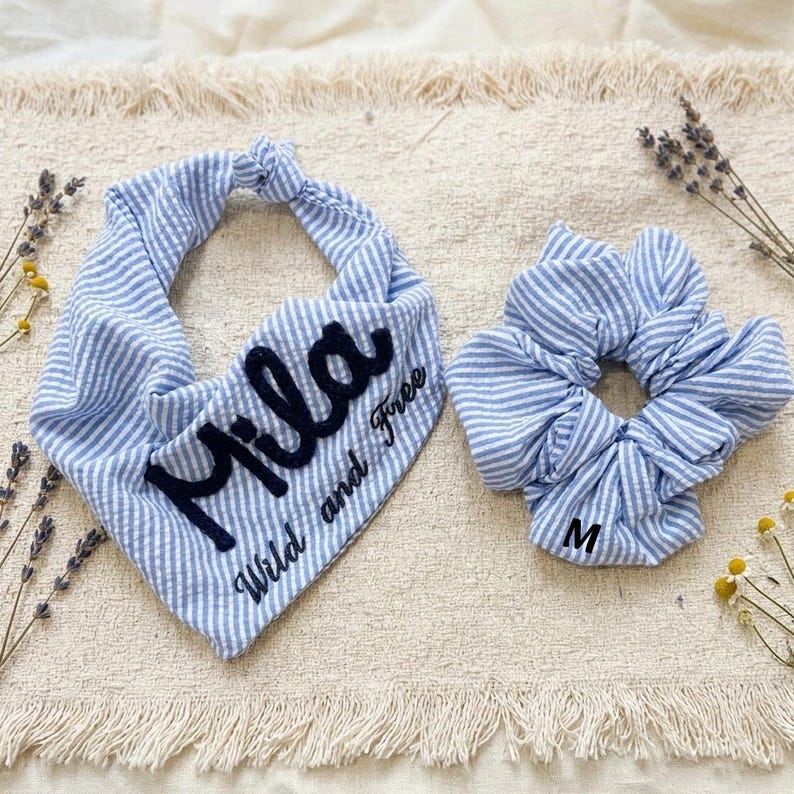Custom Seersucker Dog Bandana with Matching Scrunchie