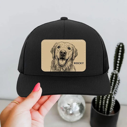 Custom Pet Leather Patch Trucker Hat | Engraved Pet Portrait Cap | Adjustable Unisex Hat for Pet Lovers