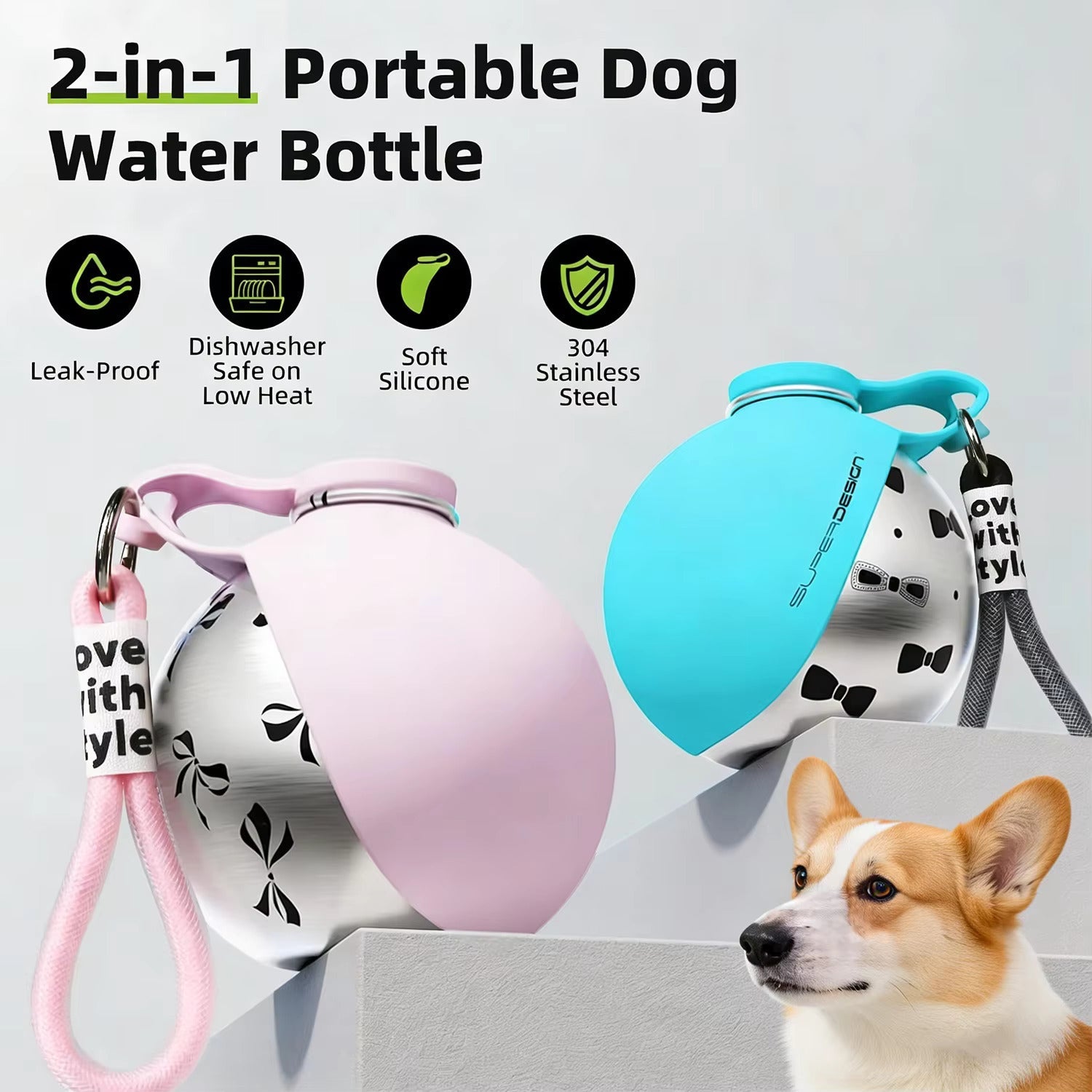 2-in-1 Leak-Proof Dog Water Bottle | 10oz Stainless Steel Ball-Shaped Travel Cup with Bowl